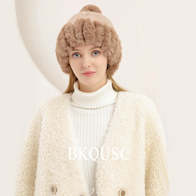 

High Quality Luxury Rabbit Fur Knitted Women's Beanie Hat Winter Warm Thick Ear Protect Solid Color Cashmere Hairy Bonnet Caps