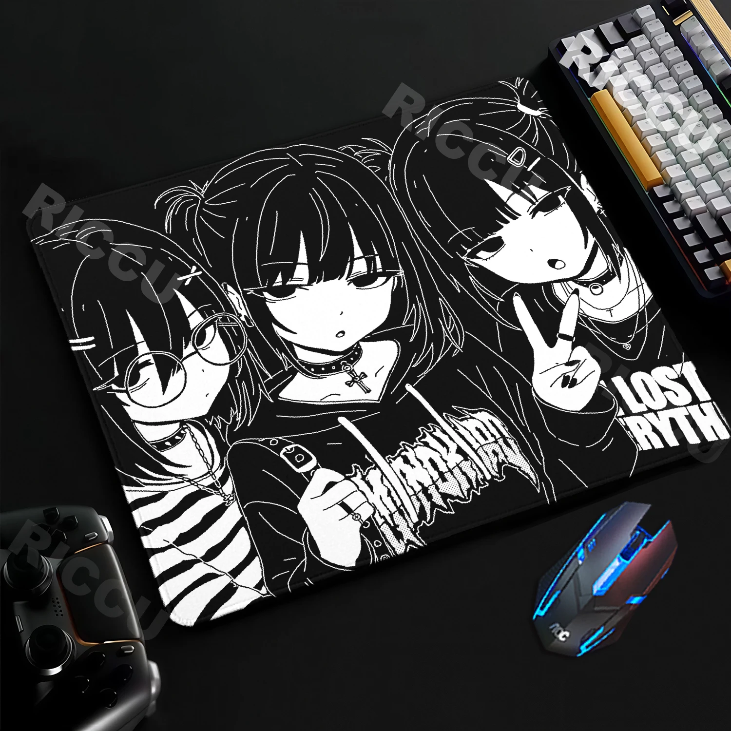 Monochrome Pixel Aesthetic Gaming Mouse Pad with Anime Design - Non-Slip Rubber Desk Mat for E-Sports & Office Use