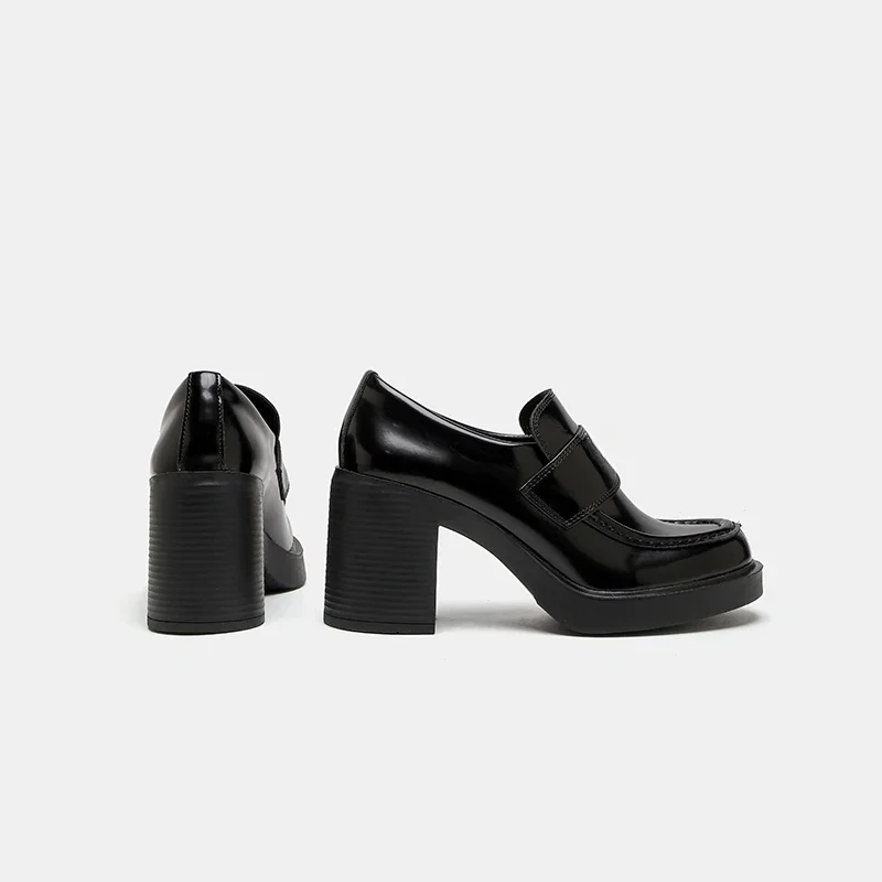 Women's One Pedal Loafer High Heel Lace-up Leather Shoes 2024 New Thick Bottom Metal Buckle British Style Chunky Heel