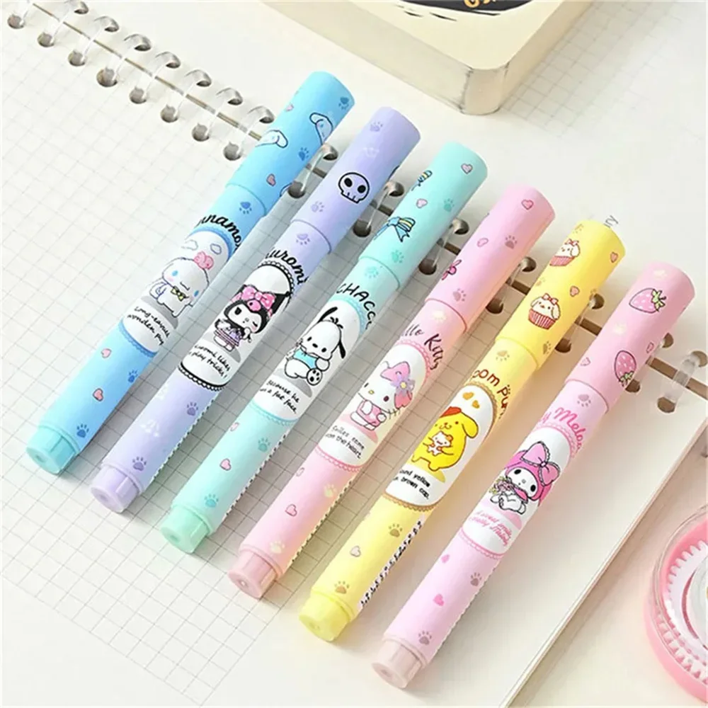Highlighter Pen 6Pcs Sanrio Hello Kitty Cinnamoroll Set Kawaii Kuromi Melody Art Fluorescent Markers Pens Girls Gifts