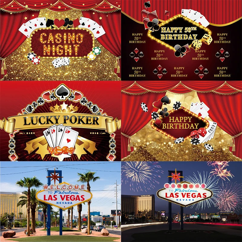 

Casino Party Photo Backdrop Birthday Party Theme Decor Red Curtain Golden Glitter Poker Dice Photography Background Banner Props