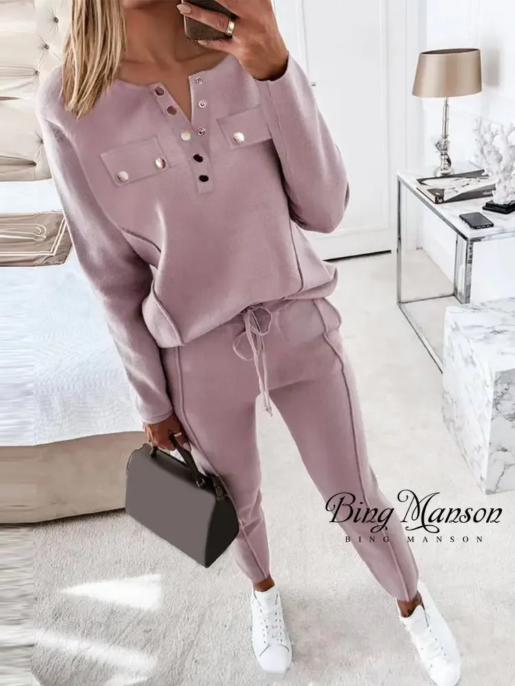 

Spring Women's 2 Piece Set Fashion Solid Color Round Neck Button Decoration Long Sleeve Top Pants Casual Pants Set Sporty Style
