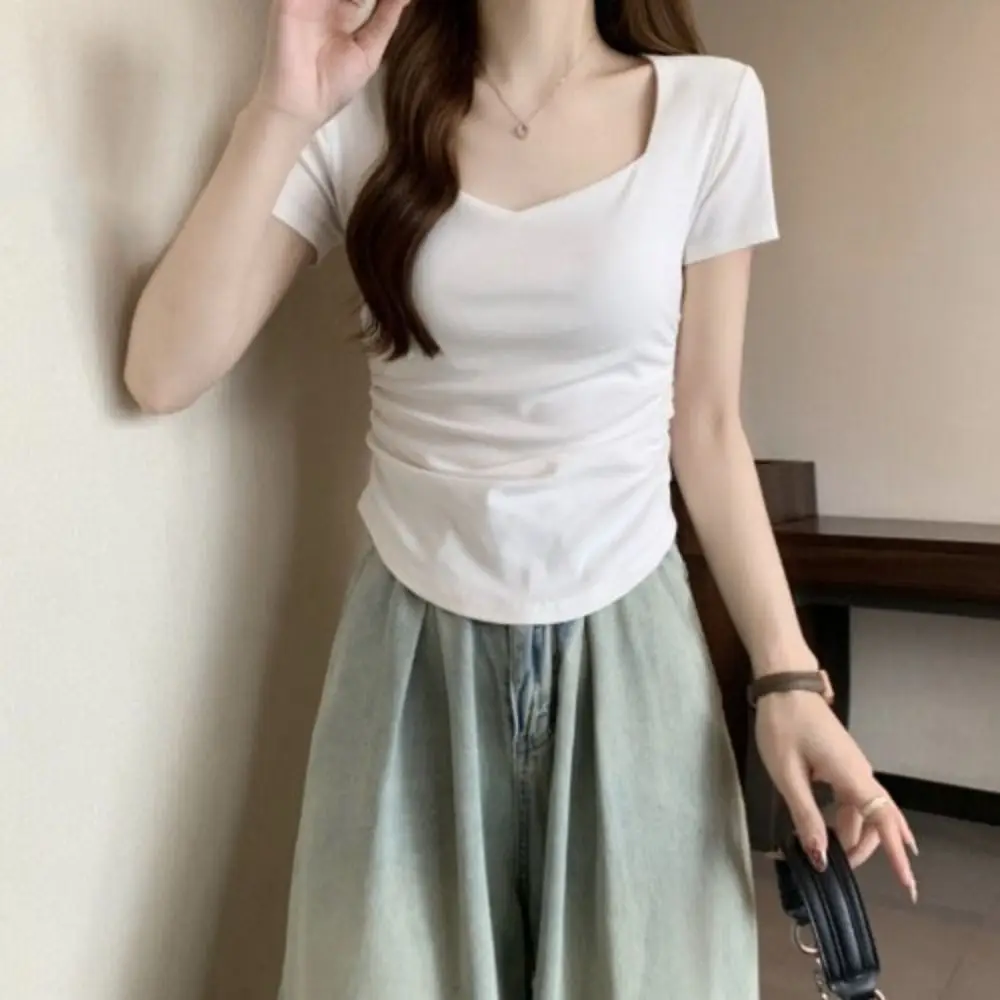 Breathable Slim Fit Y2K Crop Tops Pleated Short Sleeves Korean T-shirt Summer Women Clothing Solid Short T-shirt Party