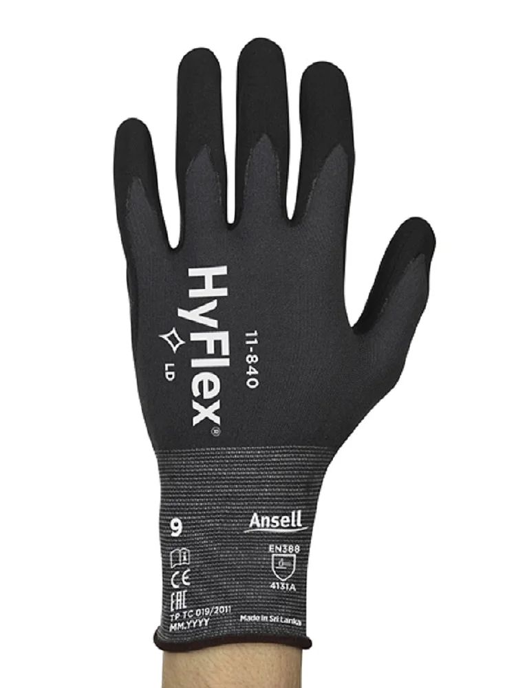 Ansell HYFLEX&reg; 11-840(1 pair) Black Fotix wear-resistant foam nitrile palm coating black nylon lining anti contact heat level 1 work gloves,nitrile gloves,protective gloves