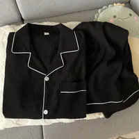 Grande taille pur coton fil hommes vêtements de nuit printemps et automne à manches longues Simple noir vêtements de nuit Homewear jeunesse pyjamas ensemble 2