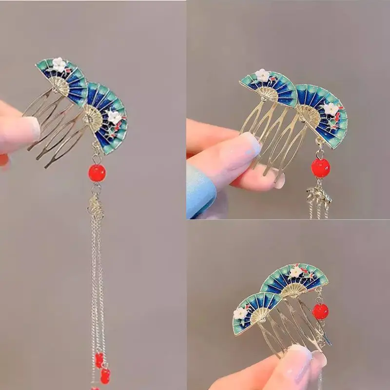 1 peigne à franges bleu et rouge en forme d'éventail, style rétro, épingle à cheveux pour femme, accessoire de coiffure pour mariage, style ancien_voghion.com