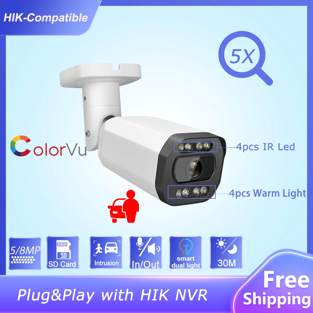 

Hikvision Compatible 5MP 8MP 5X Zoom Bullet IP Camera 2-way Audio Human Vehicle Detection Surveillance Camera Plug&Play Hik NVR