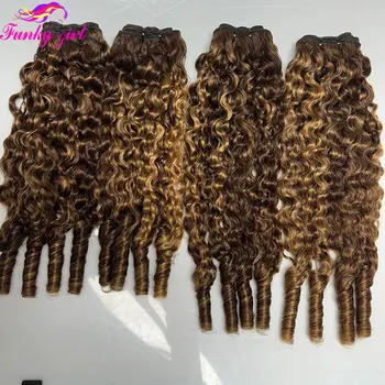 Extensioni di capelli umani vergini grezzi non trattati 12A, ricci pixie, con ciocche ricce birmane, 4/27 Highlight