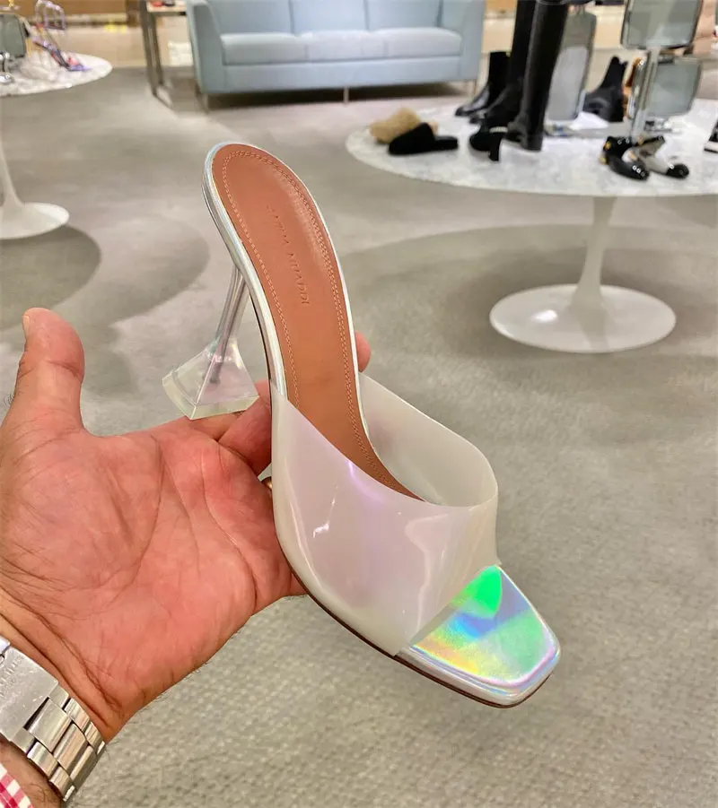 

ladies PVC leather squared toes flared heels Slip on MUADDI Lupita Glass transparent mules AMINA pearly white PVC iridescent