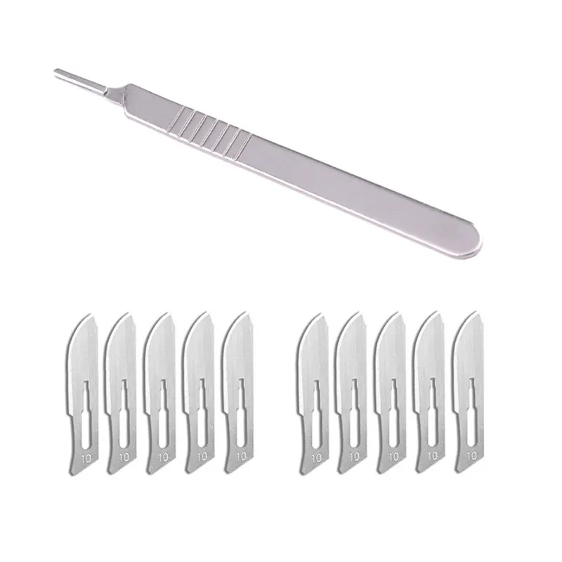 

10 шт. № 10 лезвия Хирургического скальпеля из углеродистой стали + 1 шт. 3 # ручной Скальпель для ремонта печатных плат, хирургический нож для животных