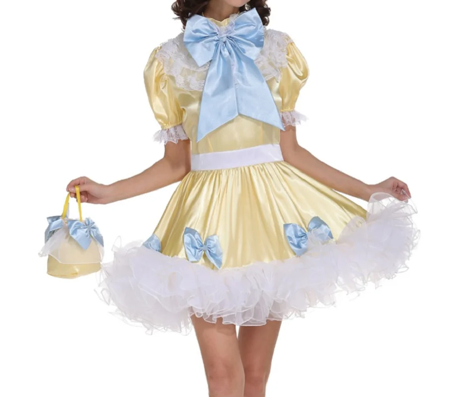 

Hot Sissy Sexy Maid Yellow Bow Princess Girl Dress Satin Fluffy Cross Dressing Cross Gender Role Play Costume Custom Lockable