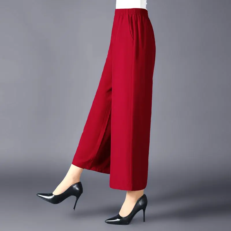 Simplicity Summer Pants Women's Solid Elastic High Waist Ice Silk Fabric Temperament Casual Loose Ankle Length Wide Leg Trousers