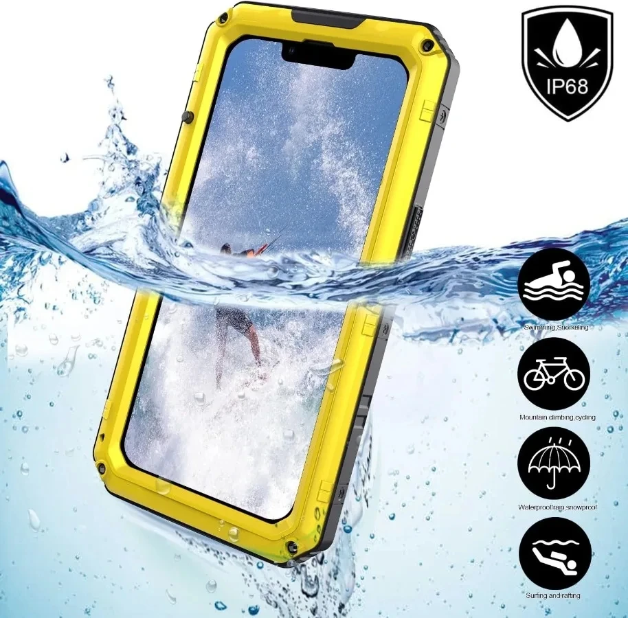 IP68 heavy-duty durable aluminum metal case for iPhone 15 14 13 12 11 Pro Max XS XR 8 Waterproof case Shockproof screen cover