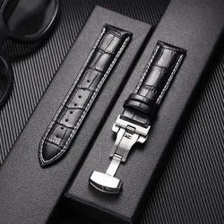 Butterfly Clasp Universal Leather Watchband Replacement Strap - 16mm (Black - White)