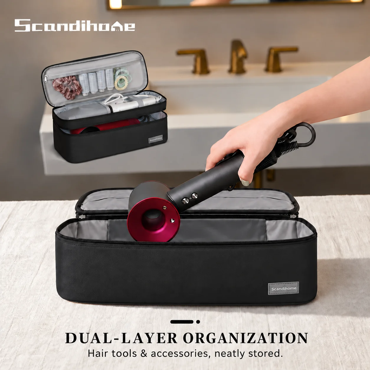Haartrockner-Etui Tragbare Friseurwerkzeug-Aufbewahrungstasche Doppelschichtige Reise-Organizer-Box für Lockenstab, Haarklammer und Bürste, Tragetasche