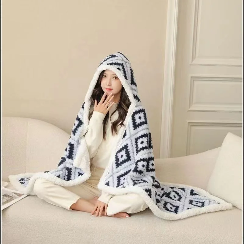 

Ins Bohemian Thickened Multifunctional Blanket Cloak Hooded carpet Winter Warmth Wearable Coral Plush Blanket Home Sofa