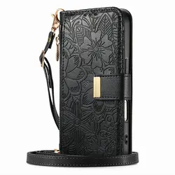 Luxurious Leather 6 - Card Zipper Wallet Flip Case - SAMSUNG A52 5G (Black Long Strap)