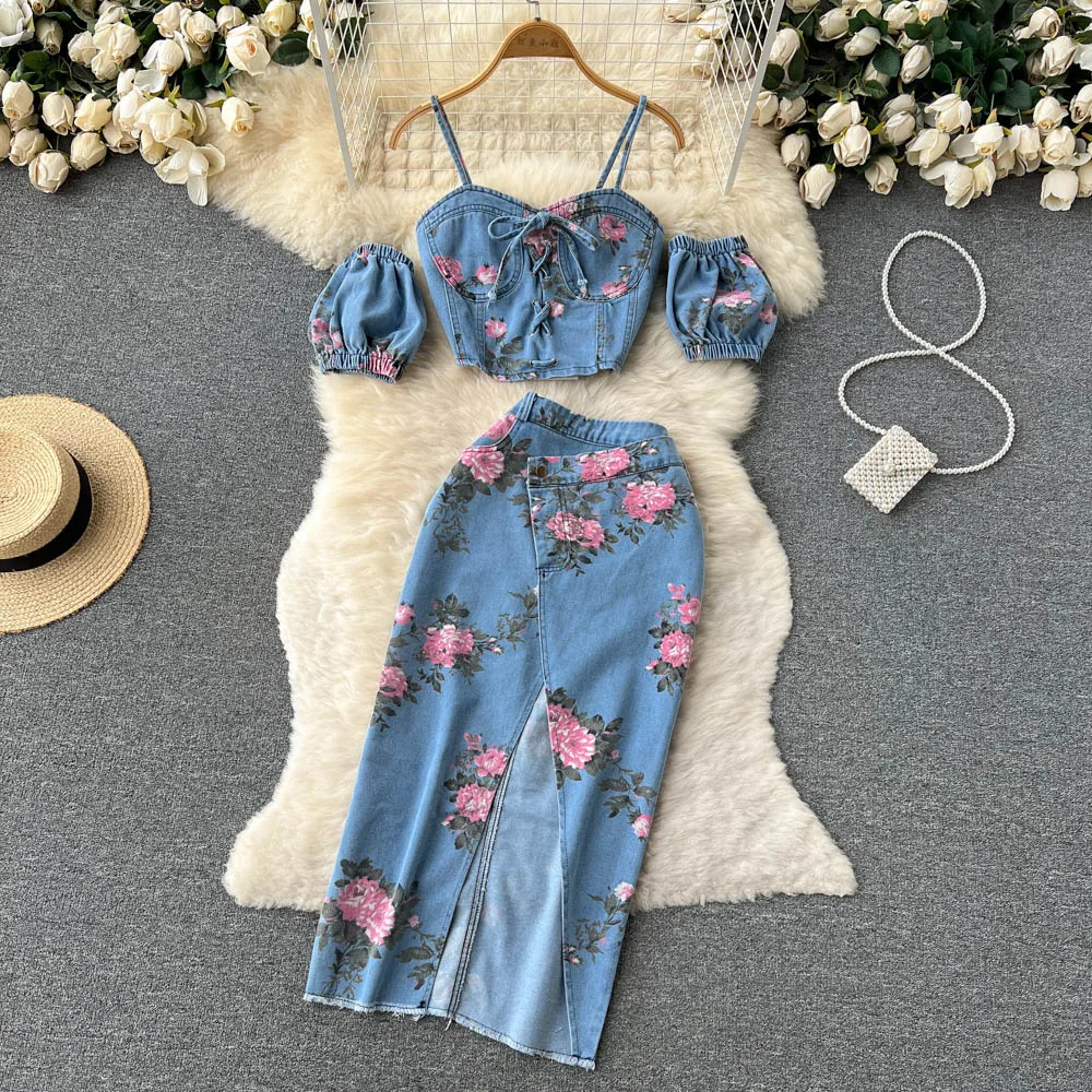 2023 Summer Denim Skirt Suit Female Spice Girl Off Shoulder Suspender Vest Wearing High Waist Skirt Two-Piece Skirt Suit