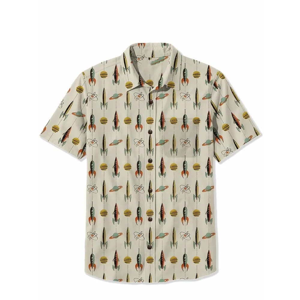 1950s Spaceship Cotton Shirt Retro Racing Men's Hawaiian Shirt Summer Short Sleeve Button Down Casual Tropical Tops