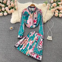 

Runway Fashion Luxury Vintage Print Long Sleeve Buttons Up Shirt Tops+High Waist Pleated Mini Skirt Two Piece Set For Women 2022