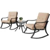 Outdoor Furniture 3 Piece Conversation Bistro Set Rocking Chairs and Glass Top Table, Thick Cushions, Black Steel 1