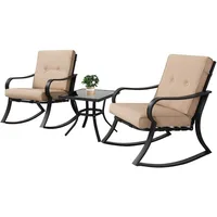 Outdoor Furniture 3 Piece Conversation Bistro Set Rocking Chairs and Glass Top Table, Thick Cushions, Black Steel 1