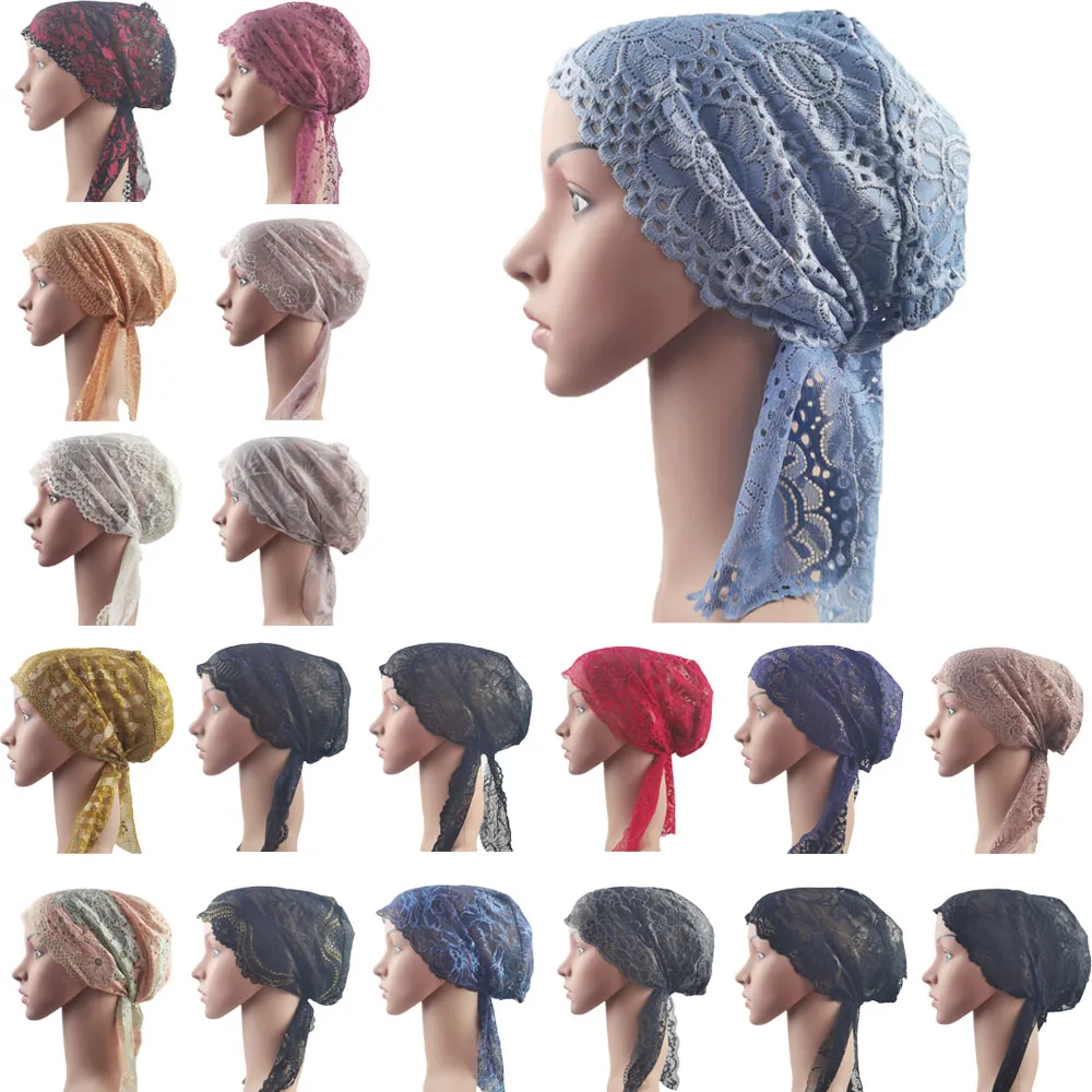 

Muslim Women Head Scarf Lace Flower Underscarf Elastic Hijab Hair Cover Headwrap Chemo Cap Islam Headband Bonnet Turbante Mujer
