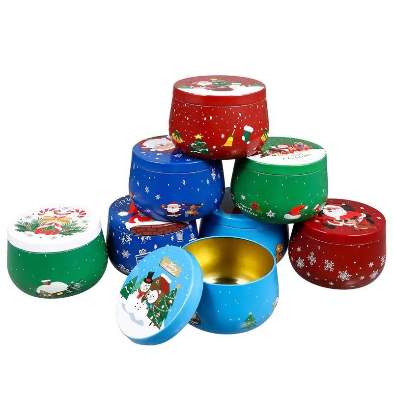 

8PCS Christmas Candy Tin Empty Candle Jars Xmas Gift Box Christmas Candle Tins Empty Christmas Cookie Tins With Lids