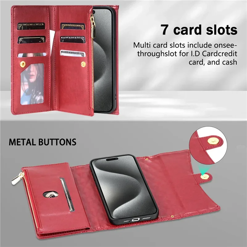 Versatile Crossbody Lanyard Leather Zipper Wallet Phone Case with Wrist Rope Cover