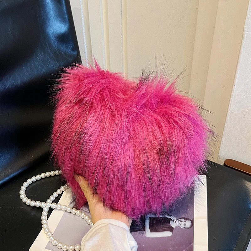 10-farbige weiche Plüschtasche für Damen, Retro-Perlenkette, Umhängetasche, luxuriöse Kunstfell-Abend-Clutch-Tasche, Handtasche, rote Herz-Tasche, Geldbörse – Detail 23