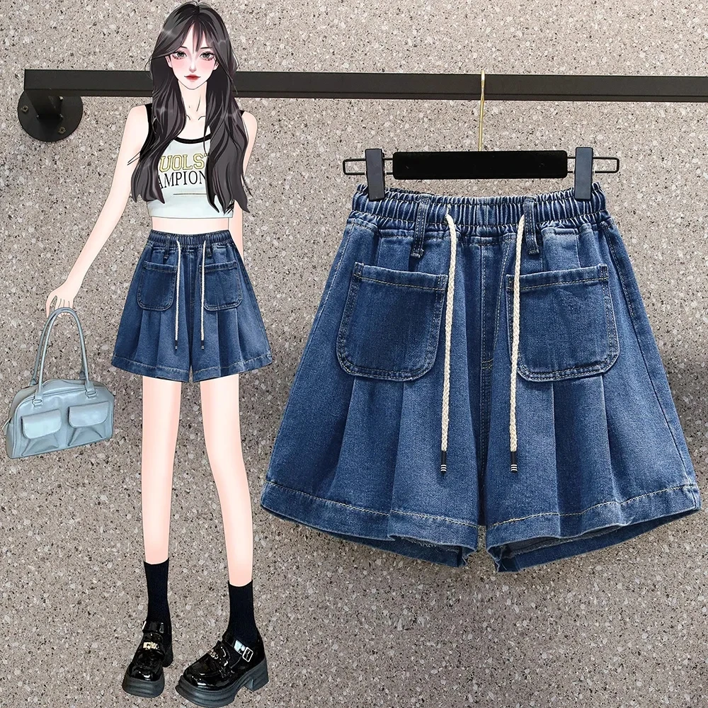 Loose High Waist Casual Elastic Denim Shorts Preppy Style Lace-Up Large Size Wide Leg Jeans Short Pants Pantalones Cortos Summer