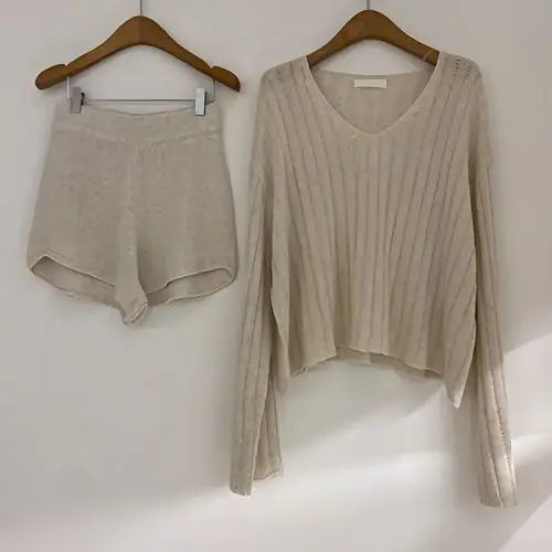 Long Sleeve Women's Tops High Waist Casual Shorts Elegant Lady Office Suit Knit NewFashion 2 Piece