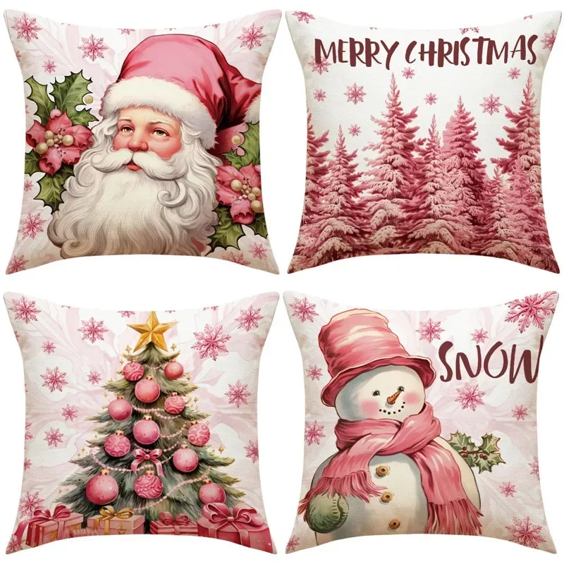

Pink Christmas Tree Pillow Cover Santa Claus Printing Pillowcase New Year Home Decorations Sofa Cushion Cover