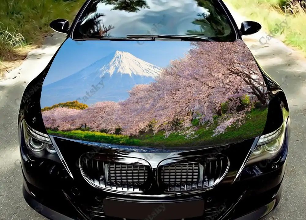 

Виниловая наклейка на капот автомобиля Fuji Mountain Cherry blossom, обмотка на крышку двигателя, наклейка, цветной графический Рисунок, подходит для любой автомобильной защитной пленки