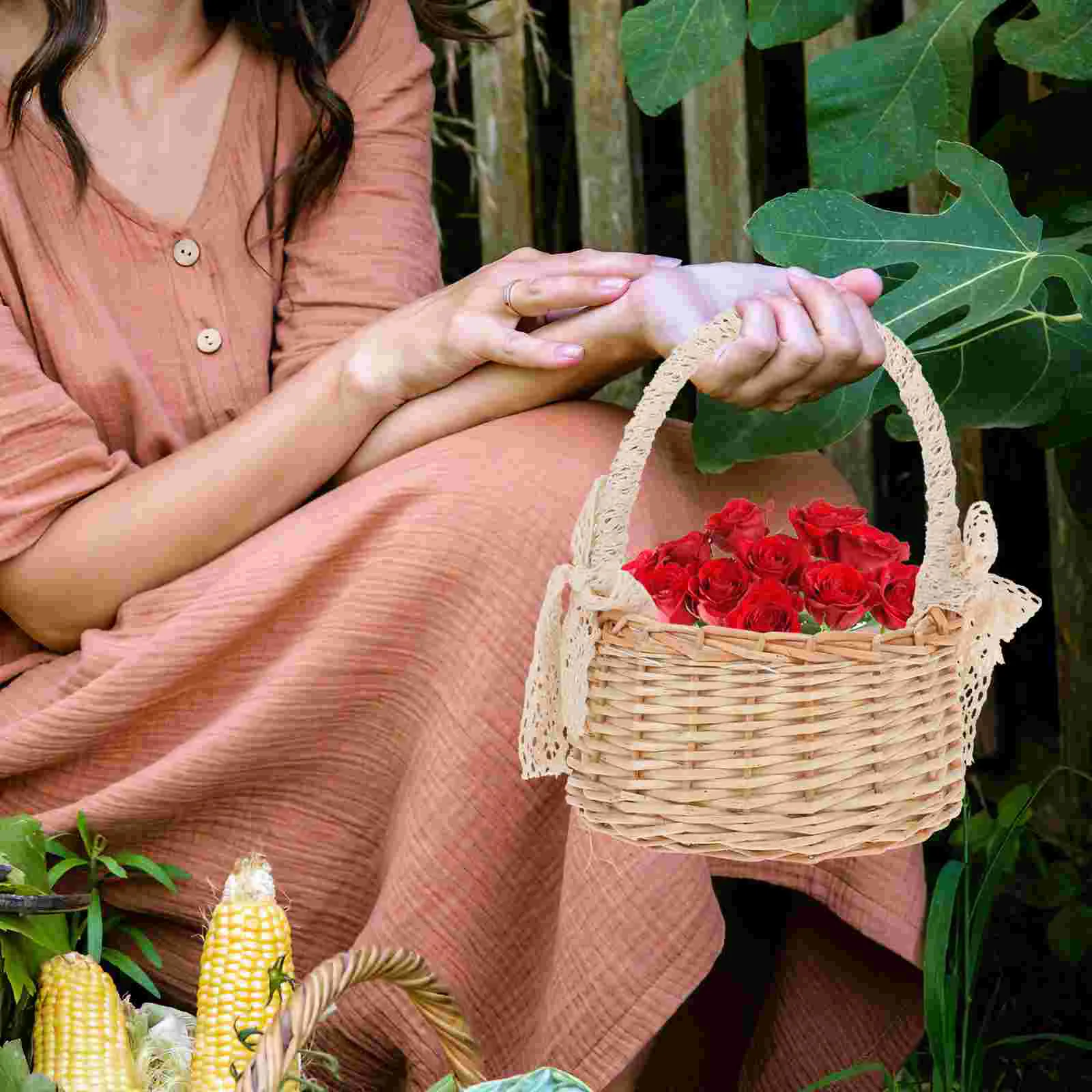 Woven Rattan Basket Storage Bins Flower Home Decor Material Eco Friendly Baskets For Snacks Kitchen Living Room Containers 4