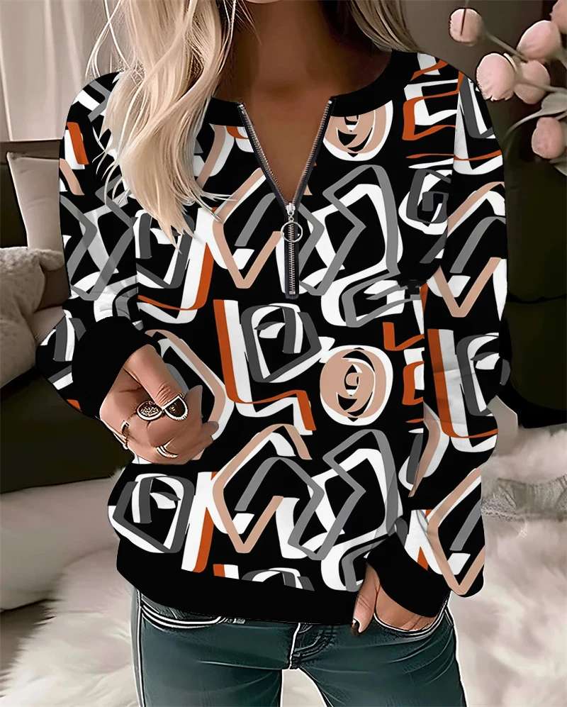 

3D letter printed women's thin round neck zippered women's hoodie original design women's casual versatile pullover