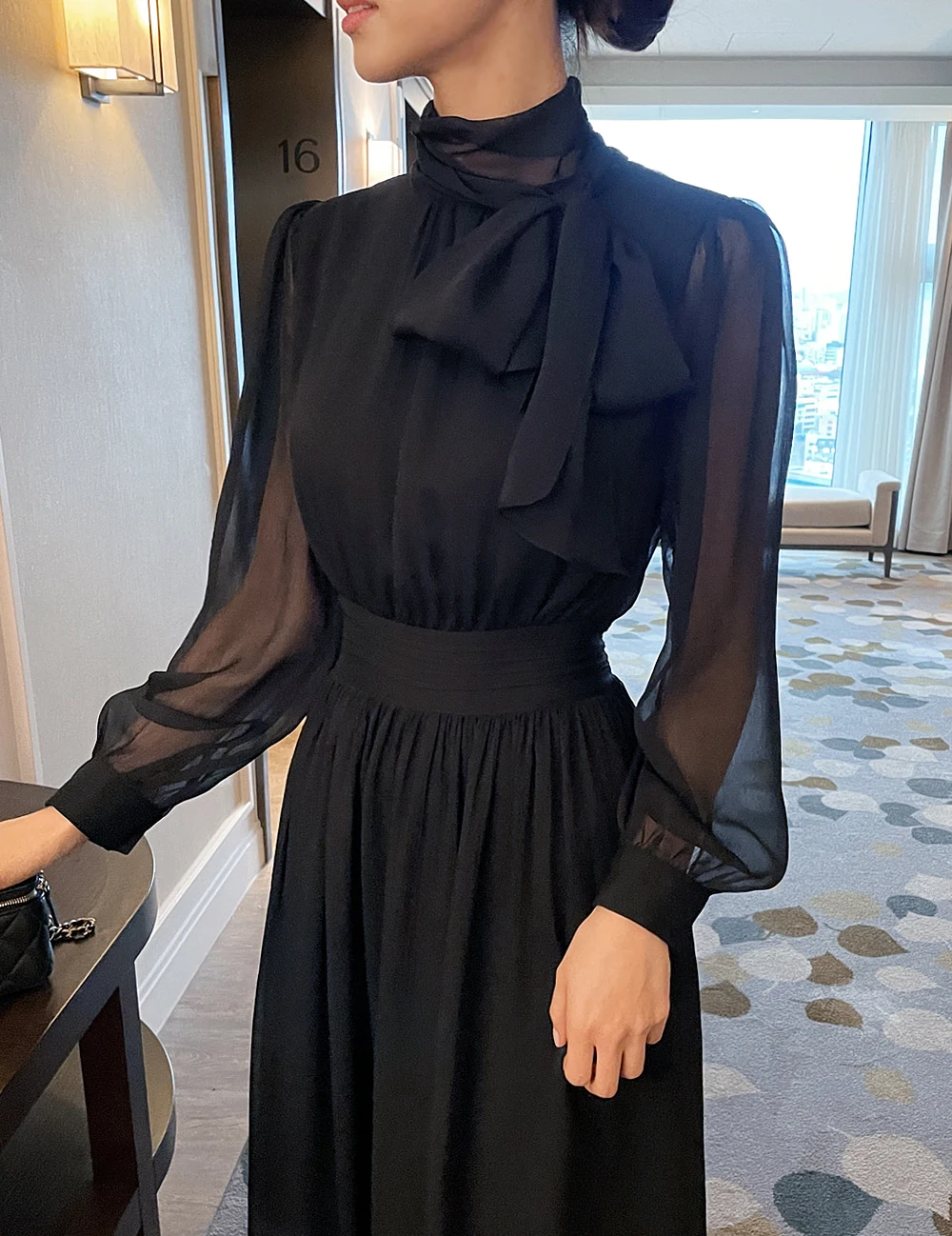 Elegant Midi Dresses for Women Long Sleeves Half High Collar Lace-up A-line Korean Fashion Autumn New One Piece Vestido Mujer