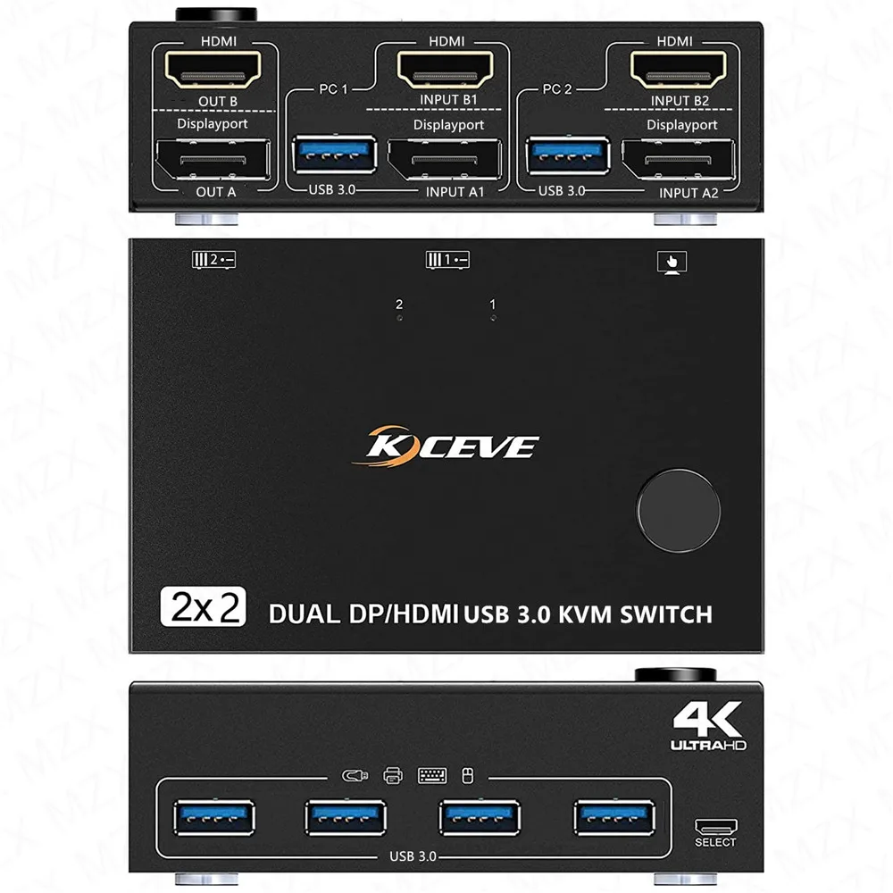 MZX KVM 스위치 MST 스위처 선택기, USB 3.0 허브 A 도킹 스테이션, HDMI 호환 DP 2 컴퓨터 공유 2 모니터 4 USB 장치