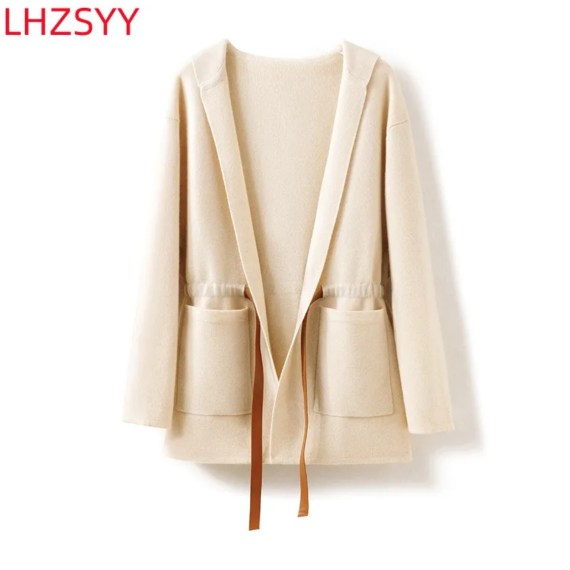 

LHZSYY 100% Pure Cashmere Coat Women's Fall/Winter Hooded Large Size Cardigan High-End Thicken Hoodie Knit Casual Female Jacket