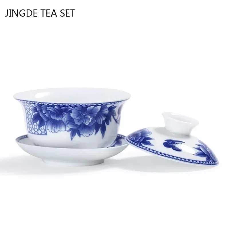Tea Set Jingdezhen White Porcelain Gaiwan Tea Cup Blue and White Porcelain Tea Maker Ceramic Handpainted Bowl Set Supplies
