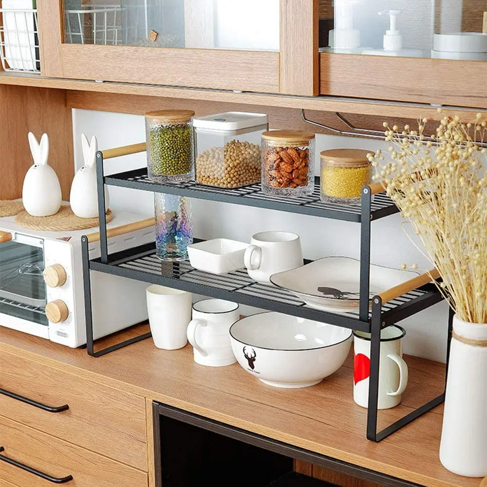 24CM White/Black Stackable Countertop Shelf Organizer for Cupboard Cabinet  Spice Storage Rack Kitchen Novel Kitchen Accessories