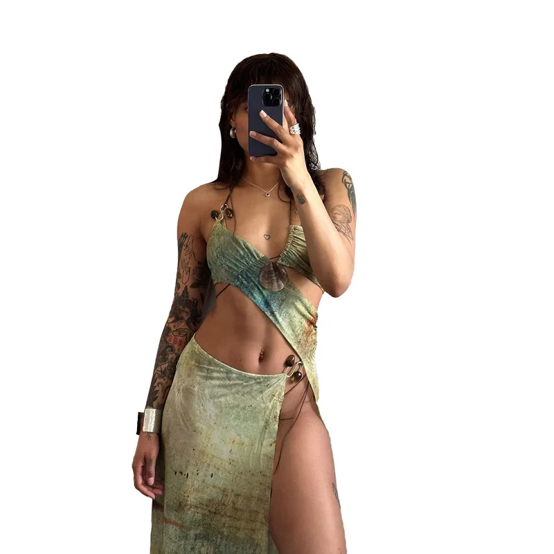 Summer New Sleeveless Open Umbilical Women's Sexy Hollow Fashion Printed Slimming Leg Show Long Dress