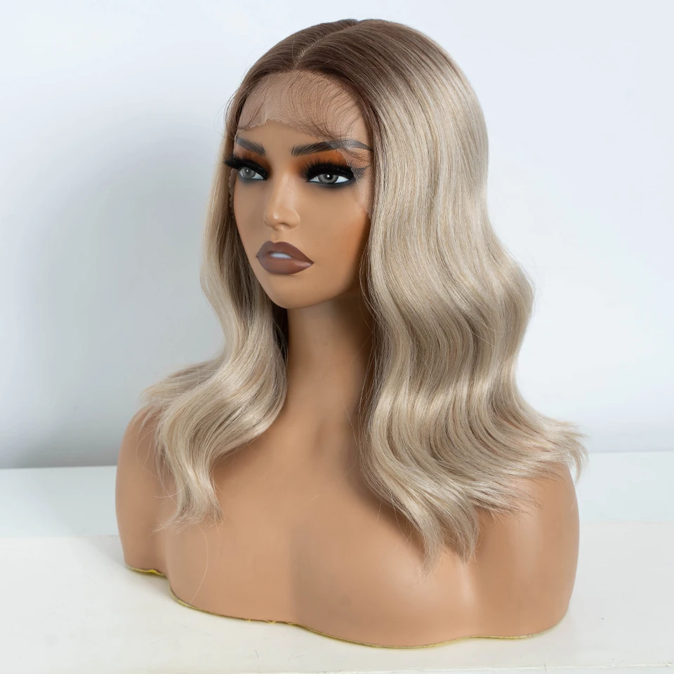 Synthetic Lace Front Wig for Women 14 Inch Body Wave Short Bob T Part Ombre Blonde Brown Cosplay synthetic wig