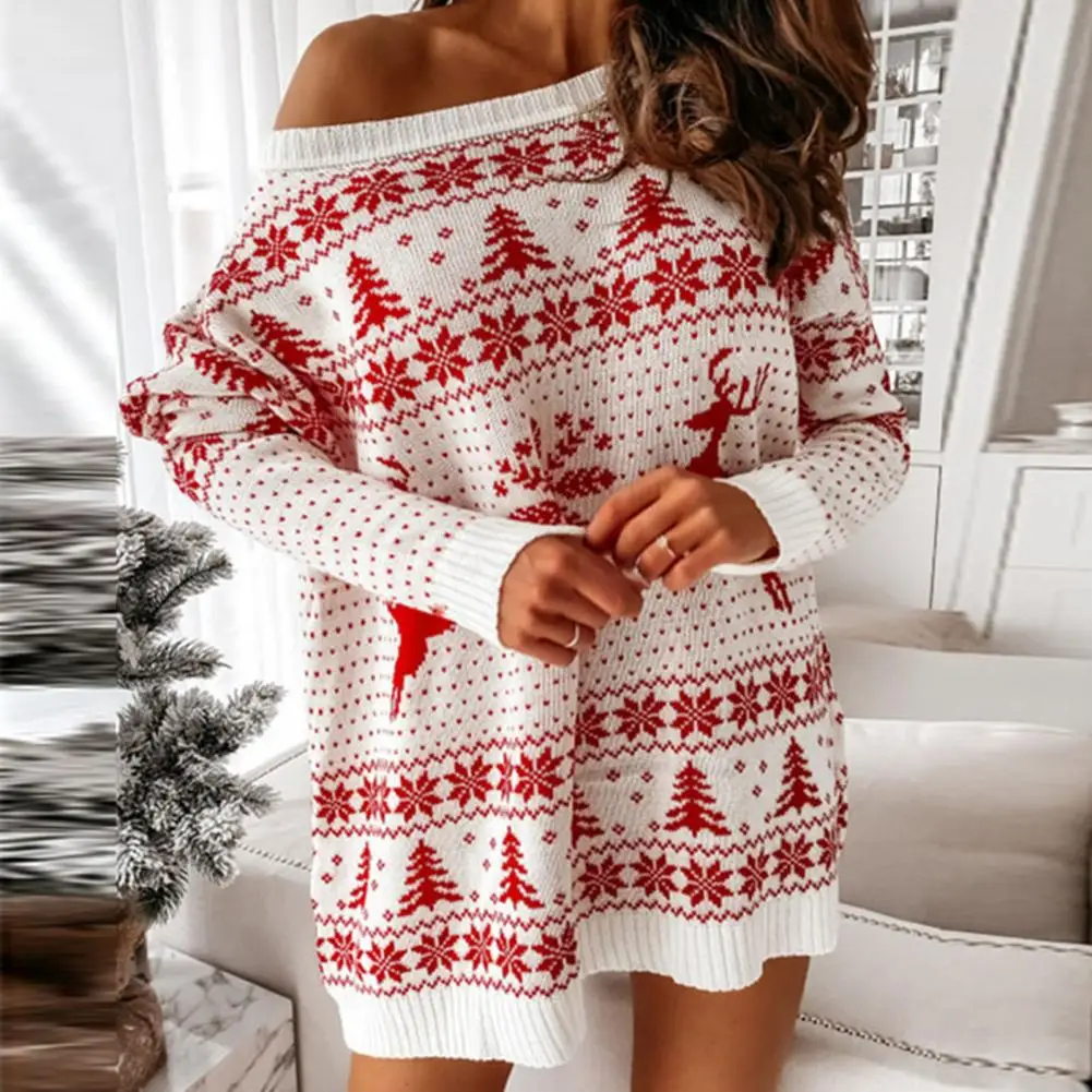

Xmas Dress Long Sleeve Stretchy Knitted Dress Autumn Winter Christmas Tree Snowflake Print Jacquard Loose Sweater Dress