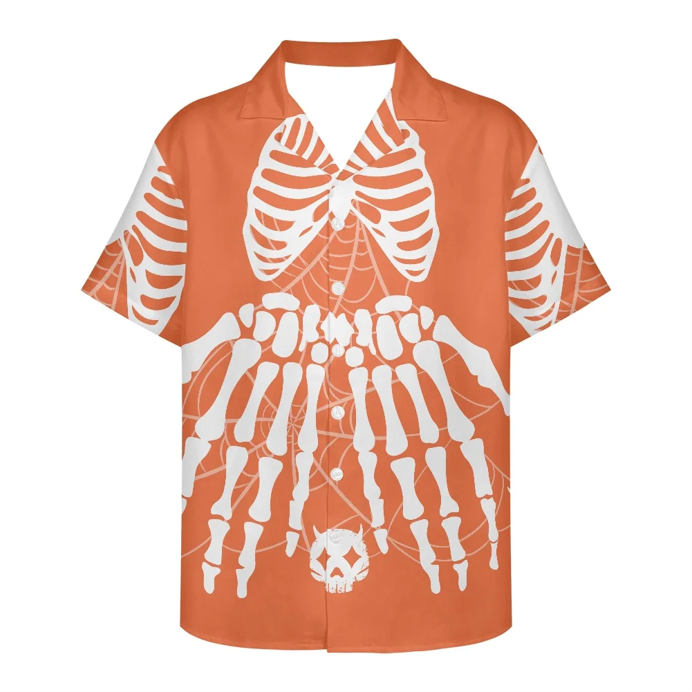 2022 Men's Short Sleeve V Neck Shirt Halloween Horror Bones Print Men's Shirt Summer Men Clothing  Loose Leisure Men's Shirt