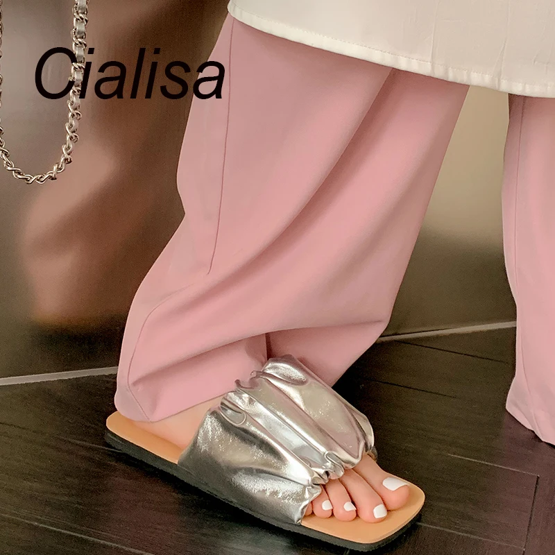 

Cialisa Fashion Pleated Slipper Summer Open-Toed Genuine Leather Shoes Comfortable Flats 2023 Handmade Women Slippers Silver New