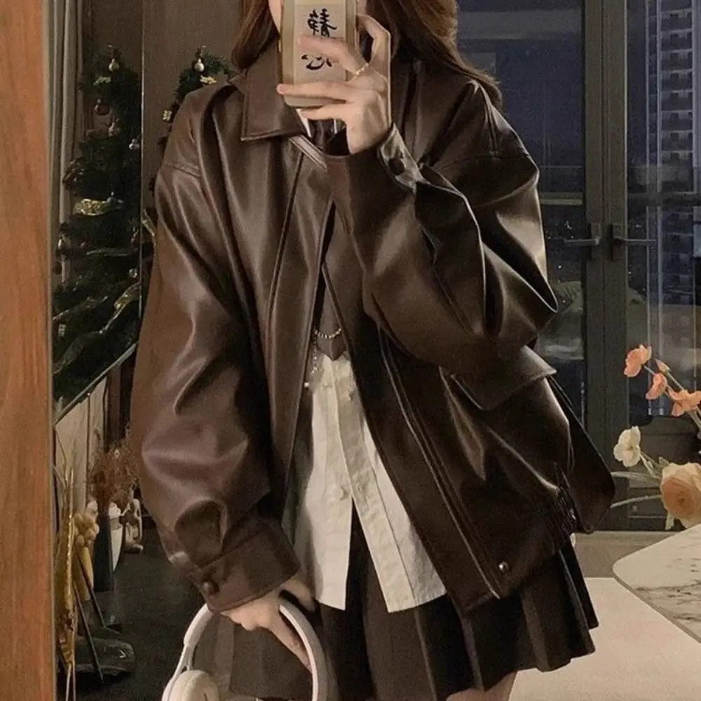 Sweet Pleated Leather Jacket Women Korean Chic Outerwear Vintage PU Coats Lapel Collar Retro Windbreaker Jackets Y2k Women