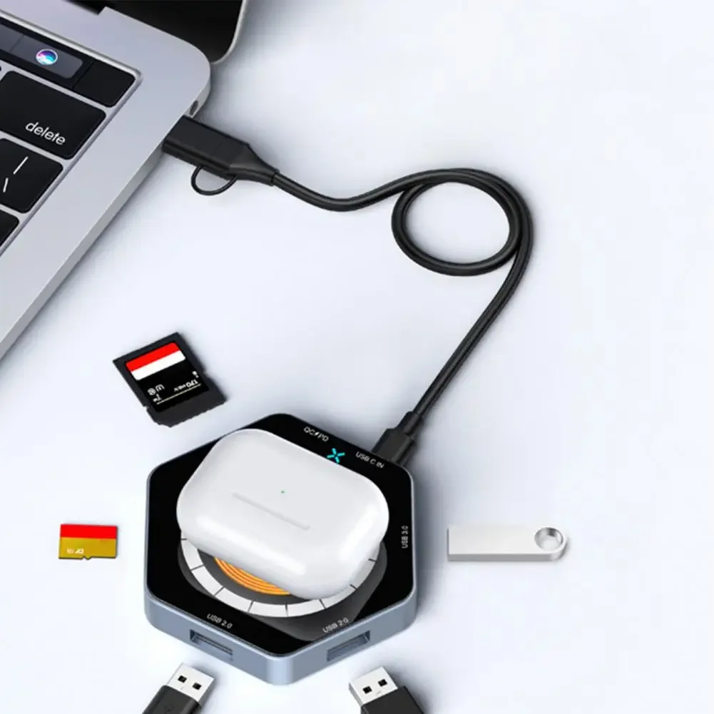 EONLINE 3D 6-in-1 USB3.0 Hub 5Gbps Expansion Dock 15W Wireless Fast Charging TF/SD Card Reader QC/PD Power Inlet for Laptop