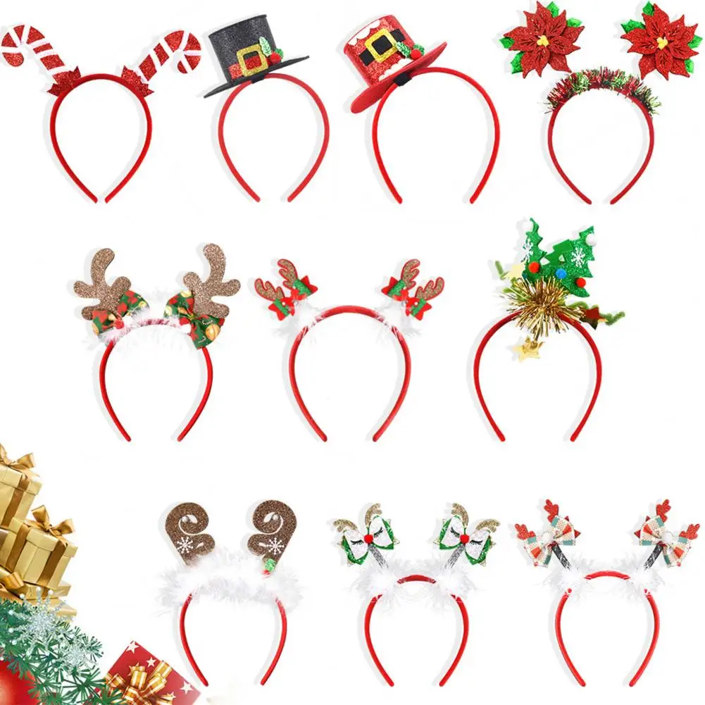 1Pc Christmas Headbands for Parties Photos Snowman Reindeer Santa Hat Antlers Hair Hoop Plastic Festive Hair Accessory for Party