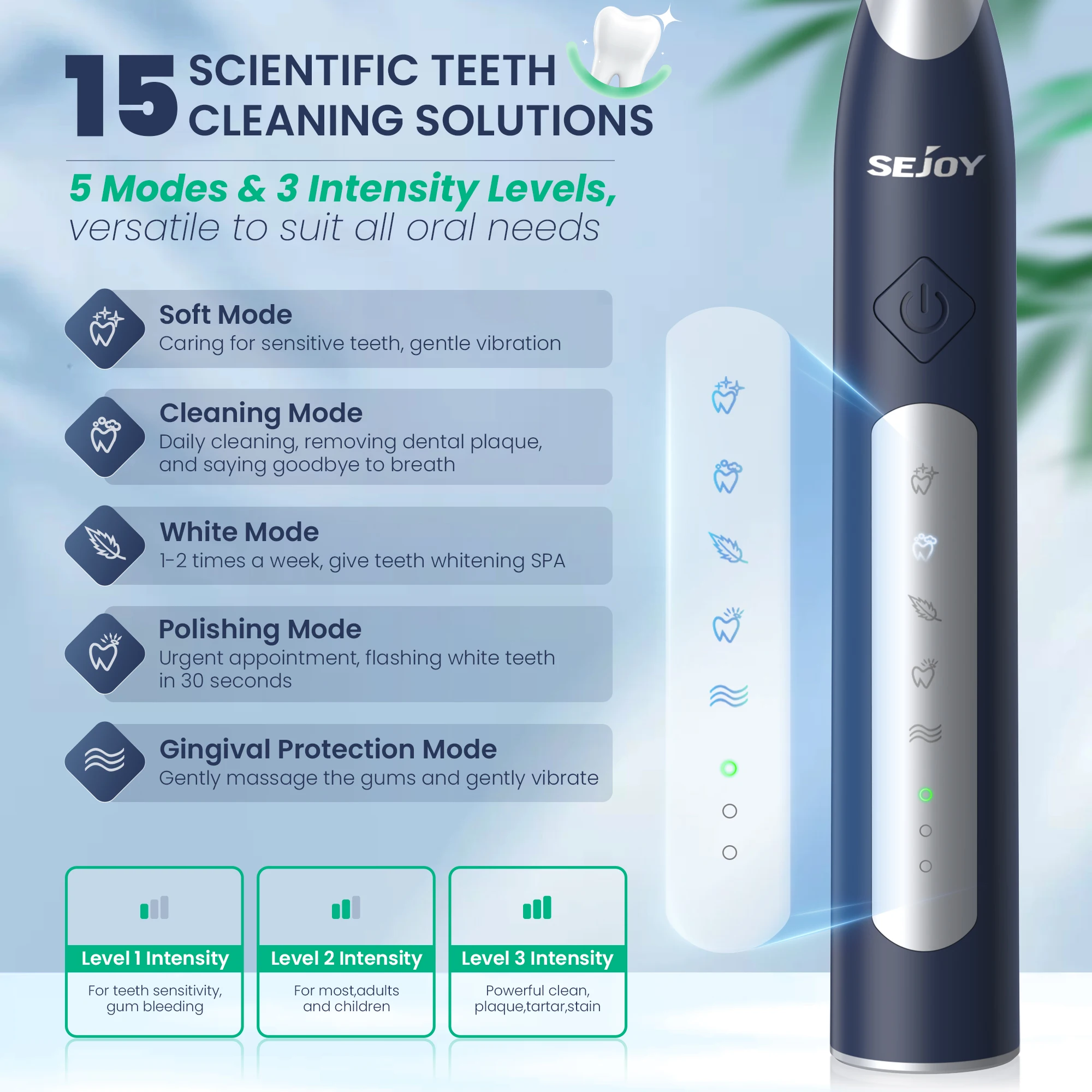 Sejoy JS10-1 Electric Sonic Toothbrush with 10 pcs Replacement Heads Rechargeable Waterproof Electronic Tooth Brushes 2